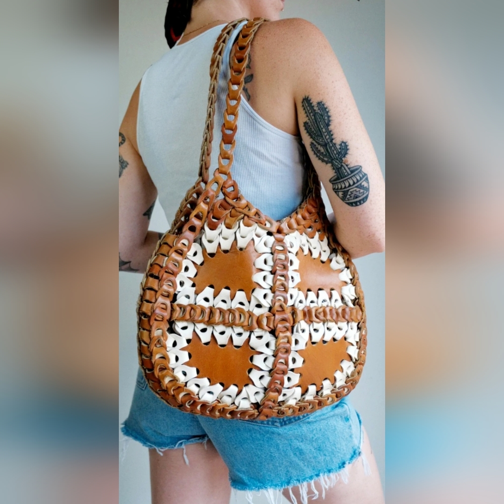 Genuine Braided Leather Boho Chic Hobo Bag Two-Tone Cognac/White - Picture 2 of 13